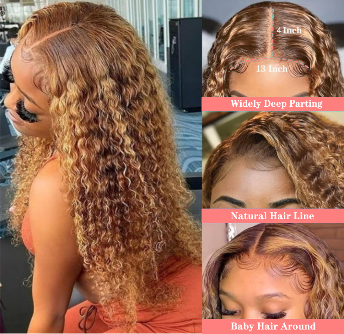 Highlight Lace Front Wigs Deep Wave #4/27 Ombre Colored Curly Water Wave Lace  Human Hair Wig