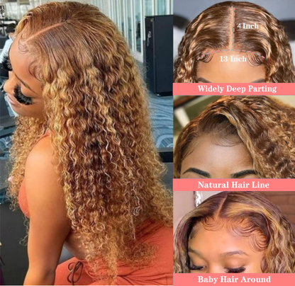 Highlight Lace Front Wigs Deep Wave #4/27 Ombre Colored Curly Water Wave Lace  Human Hair Wig