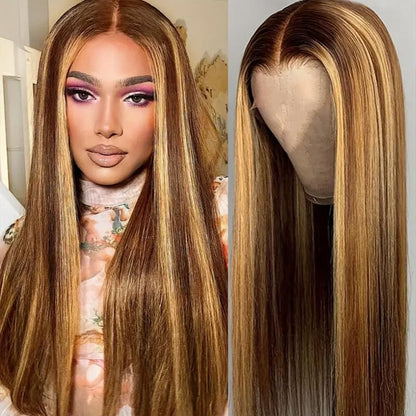 Highlight Ombre  13x6 Straight Human Hair Wig 4/27 Honey Blonde Lace Front Wigs Pre Plucked