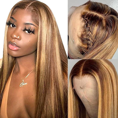 Highlight Ombre  13x6 Straight Human Hair Wig 4/27 Honey Blonde Lace Front Wigs Pre Plucked