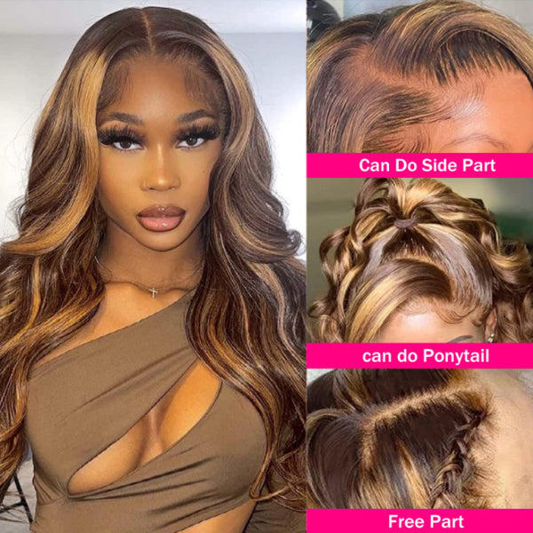Honey Blonde Human Hair 13x6 HD Body Wave 4/27 Highlight Ombre Lace Front Wigs