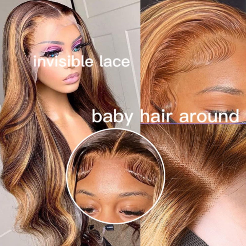 Honey Blonde Human Hair 13x6 HD Body Wave 4/27 Highlight Ombre Lace Front Wigs