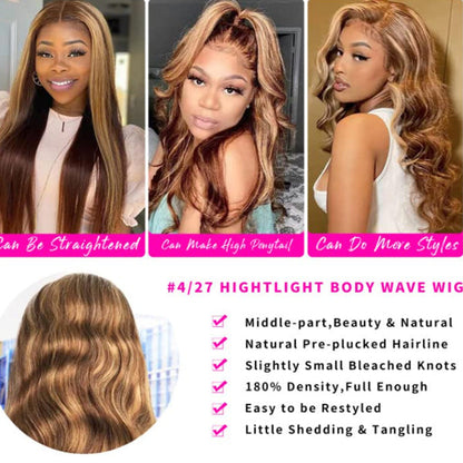 Honey Blonde Human Hair 13x6 HD Body Wave 4/27 Highlight Ombre Lace Front Wigs