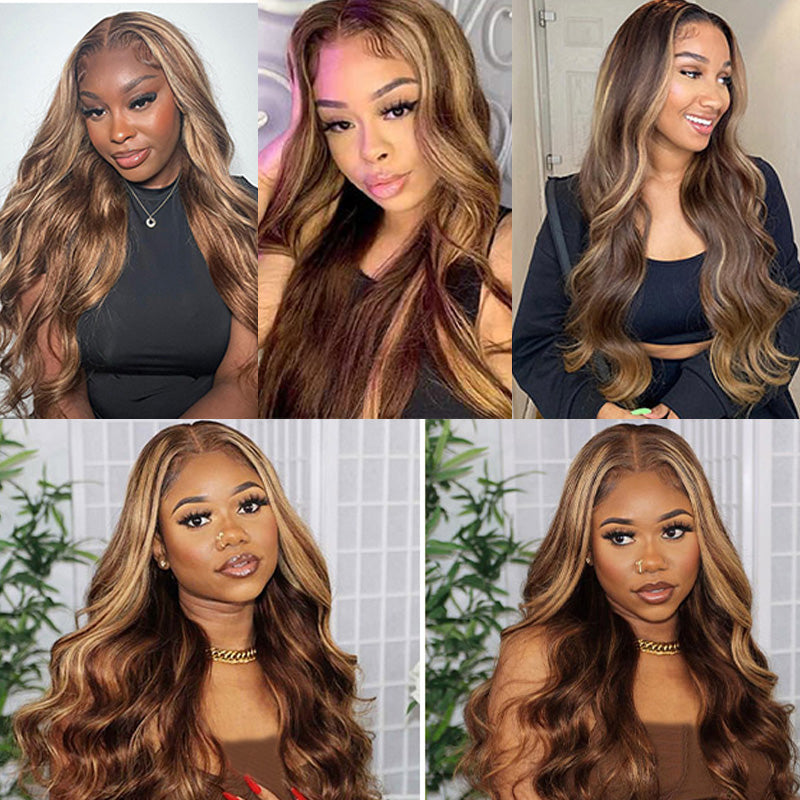 Honey Blonde Human Hair 13x6 HD Body Wave 4/27 Highlight Ombre Lace Front Wigs