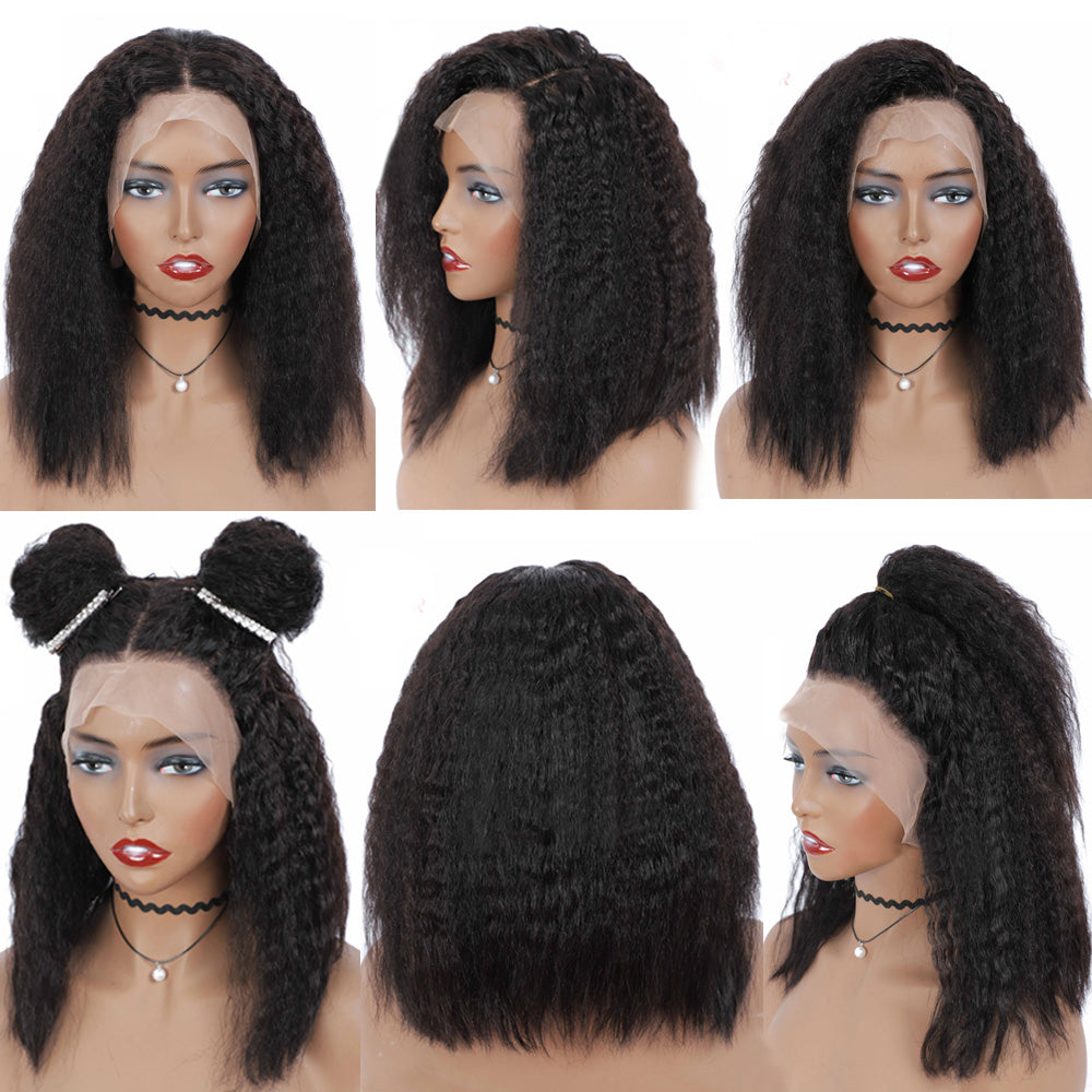 Kinky Straight Bob Wig Human Hair Wigs Yaki 13X4 HD Transparent Short Bob Lace Front Wigs
