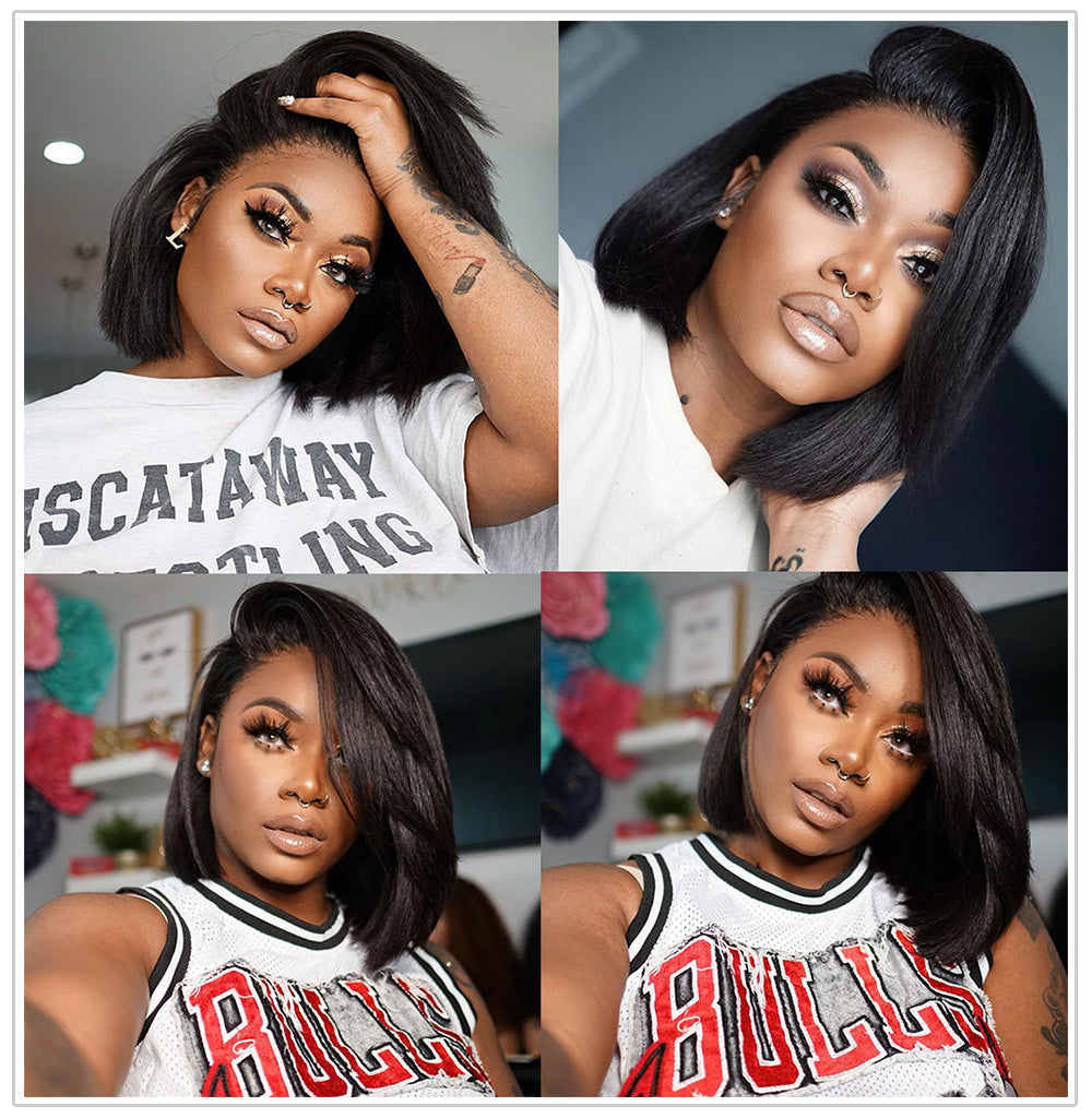 Kinky Straight Bob Wig Human Hair Wigs Yaki 13X4 HD Transparent Short Bob Lace Front Wigs