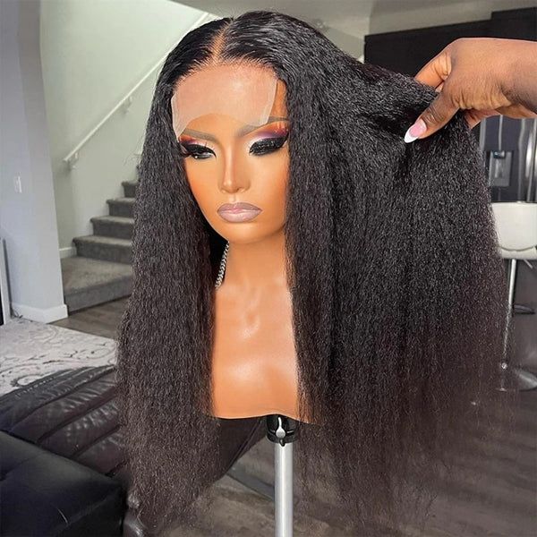Kinky Straight Lace Front Wigs Human Hair No Glue 4X4 HD Lace Closure Yaki Straight Human hair Wigs