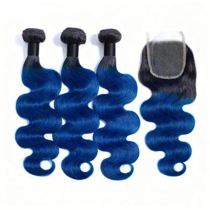 1B/Blue Body Wave Human Hair 3 Bundles with Closure 2 Tone Ombre Human Hair