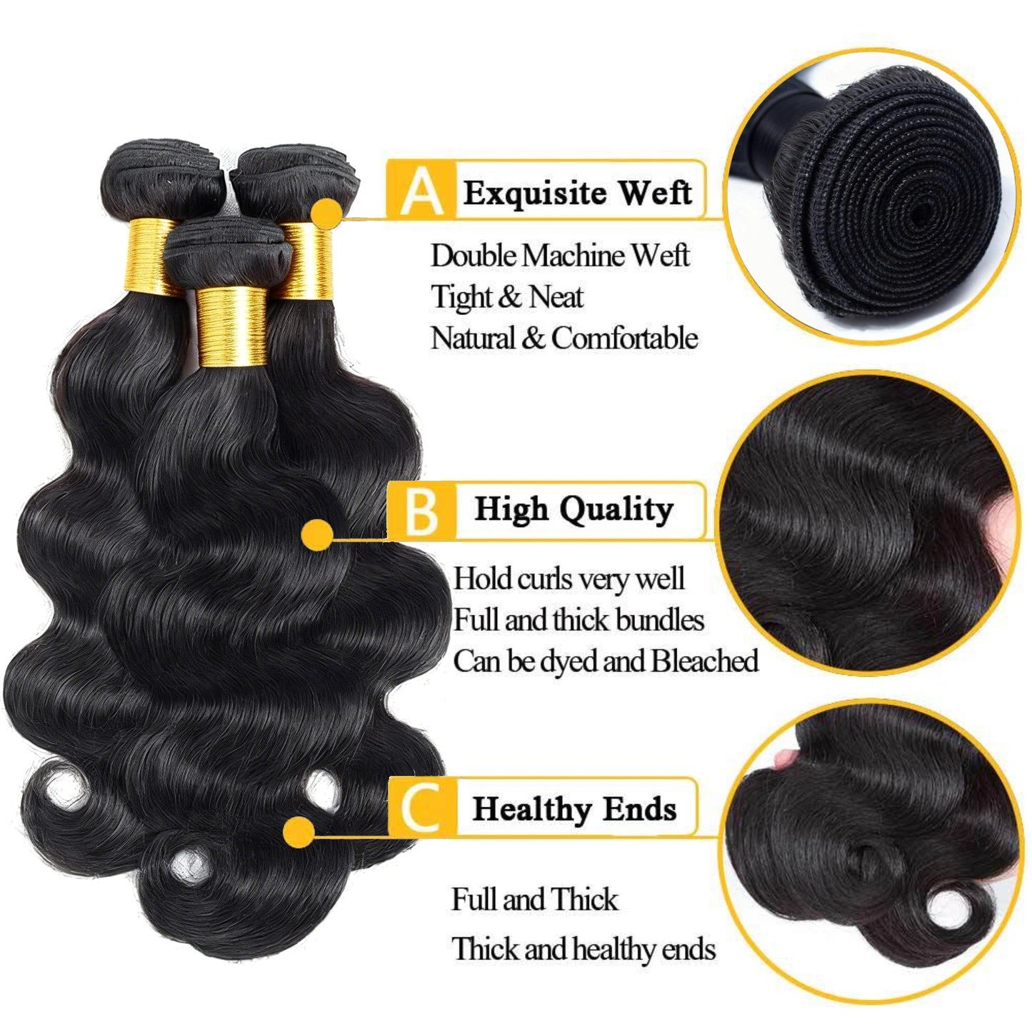 Body Wave Virgin Human Hair 3 Bundles with 4x4 Lace Closure