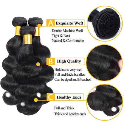 Body Wave Virgin Human Hair 3 Bundles with 4x4 Lace Closure