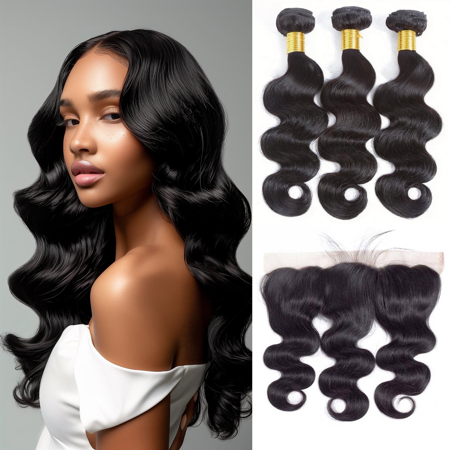 Body Wave 3 Bundles with Lace Frontal Virgin Human Hair Weave Extensions for Women