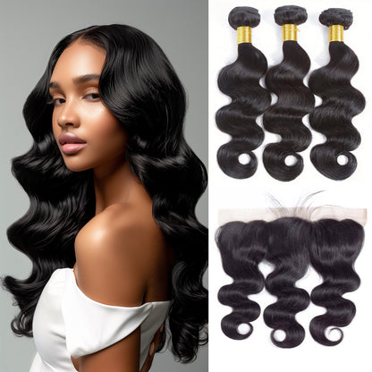 Body Wave 3 Bundles with Lace Frontal Virgin Human Hair Weave Extensions for Women