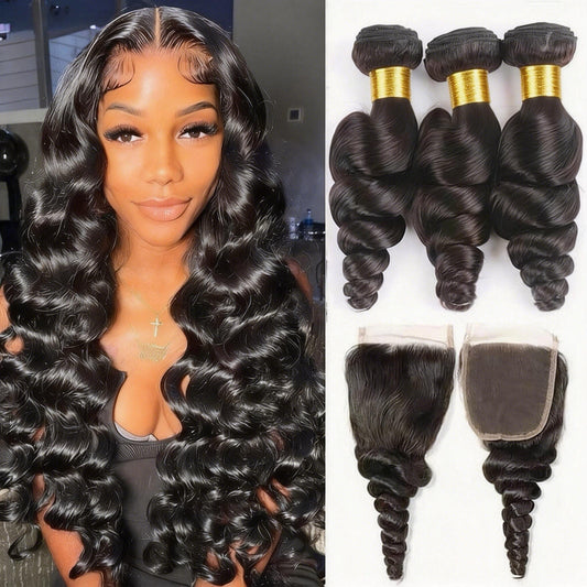 14A Grade Loose Wave Human Hair Bundles with 4x4 Lace Closure