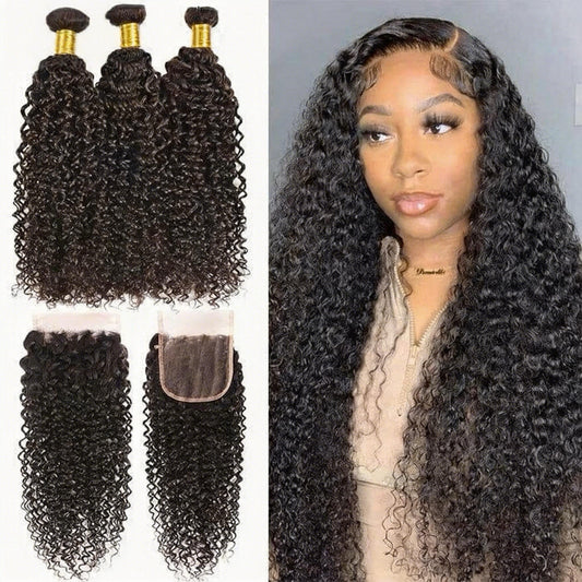 Virgin Human Hair Curly 3 Bundles Hair Weft with 4*4 Lace Closure Pre Plucked