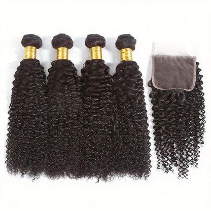 Curly Virgin Hair Weave 4 Bundles with 4X4 Lace Closure Human Hair