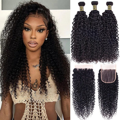 Indian Jerry Curly 3 Bundles with 4x4 Lace Closure Virgin Human Hair Extensions