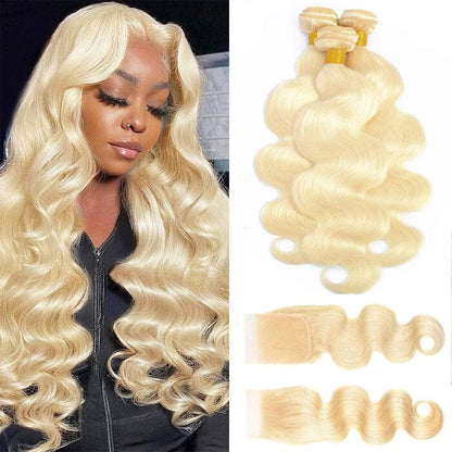 Indian Body Wave 613 Blonde Color Human Hair 3 Bundles with 4x4 Lace Closure