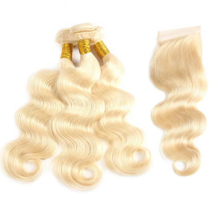 Indian Body Wave 613 Blonde Color Human Hair 3 Bundles with 4x4 Lace Closure