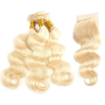 Indian Body Wave 613 Blonde Color Human Hair 3 Bundles with 4x4 Lace Closure