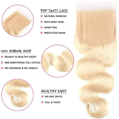 Indian Body Wave 613 Blonde Color Human Hair 3 Bundles with 4x4 Lace Closure
