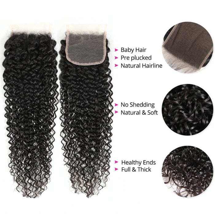 Indian Jerry Curly 3 Bundles with 4x4 Lace Closure Virgin Human Hair Extensions