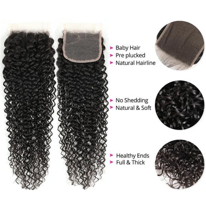 QT Virgin Human Hair Curly 3 Bundles Hair Weft with 4*4 Lace Closure Pre Plucked