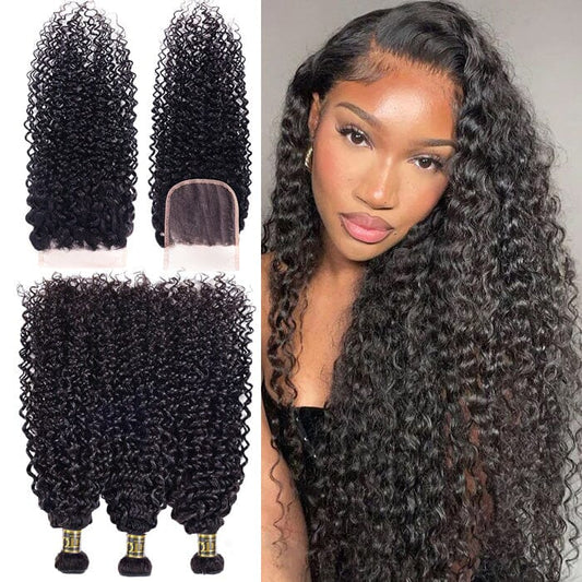 Indian Jerry Curly 3 Bundles with 4x4 Lace Closure Virgin Human Hair Extensions