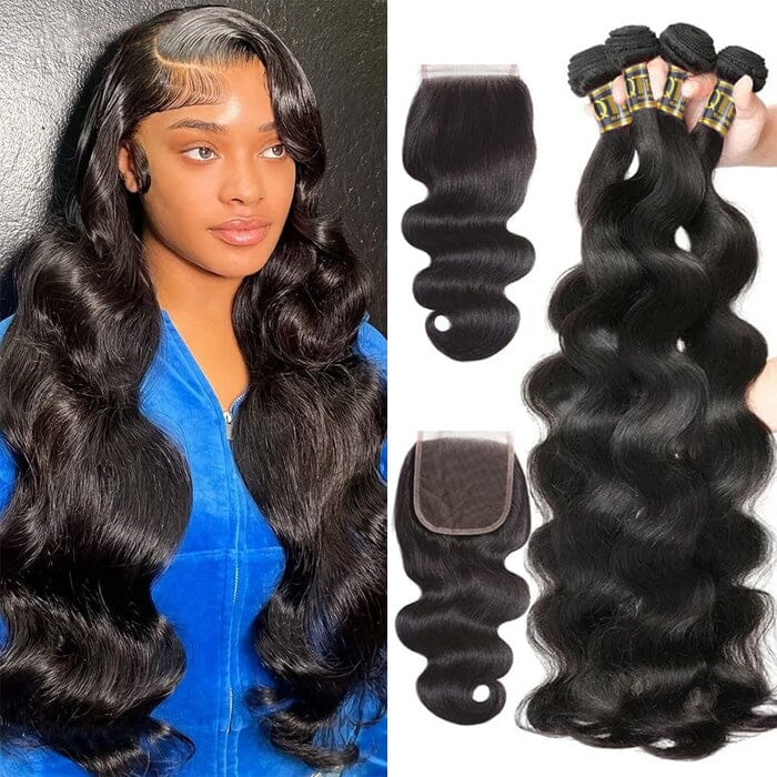 Indian Raw Hair Body Wave 4 Bundles Virgin Human Hair Weave with Lace Closure