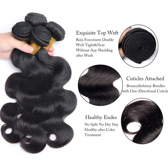 Body Wave 4 Pcs Hair Bundles with Lace Closure Virgin Human Hair Natural Black Color