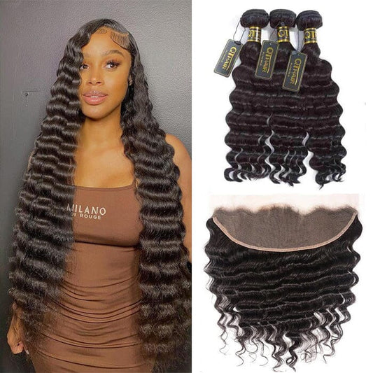 Loose Deep Wave 3 Bundles with Lace Frontal Virgin Human Hair Extensions