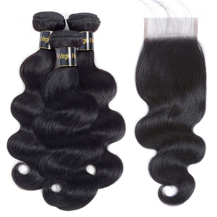 Malaysian Body Wave Virgin Human Hair Weave 3 Bundles with 4x4 Lace Closure