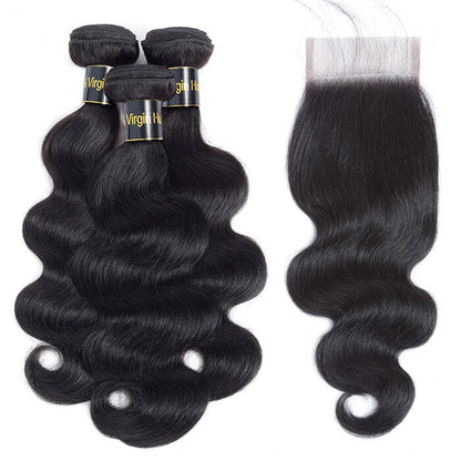 Malaysian Body Wave Virgin Human Hair Weave 3 Bundles with 4x4 Lace Closure