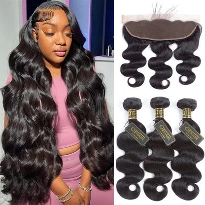 Body Wave 3 Bundles with Lace Frontal Virgin Human Hair Weave Extensions for Women