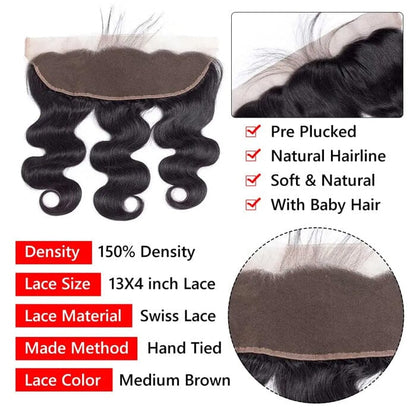 Malaysian Hair Weave 13x4 Transparent Lace Frontal with 3 Bundles Body Wave