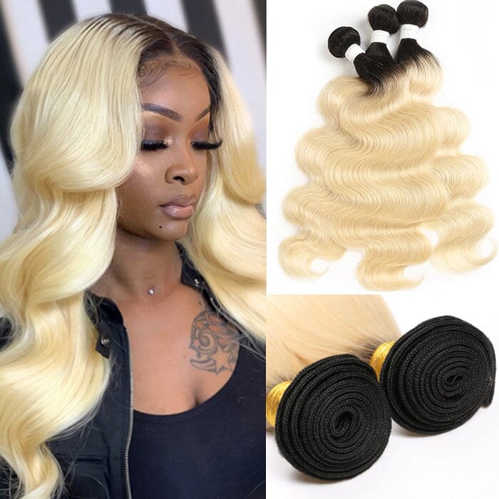 Ombre 1B/613 Dark Roots Blonde Body Wave Human Hair Extensions 3 Bundles