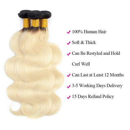Ombre 1B/613 Dark Roots Blonde Body Wave Human Hair Extensions 3 Bundles