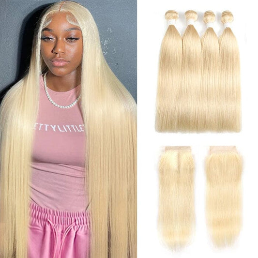 Peruvian Blonde Color 613 Straight Human Hair 4 Bundles with 4x4 Lace Closure