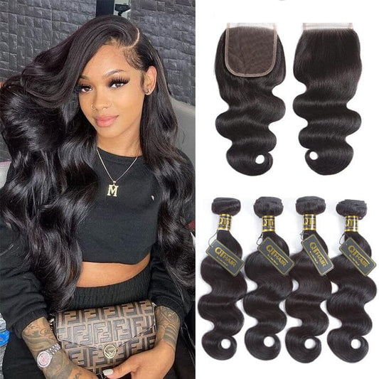 Peruvian Body Wave 100% Virgin Human Hair 4 Bundles with Lace Closure Pre Plucked