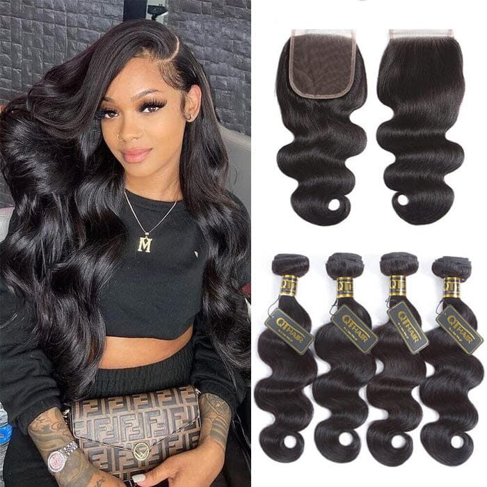 Body Wave 4 Pcs Hair Bundles with Lace Closure Virgin Human Hair Natural Black Color