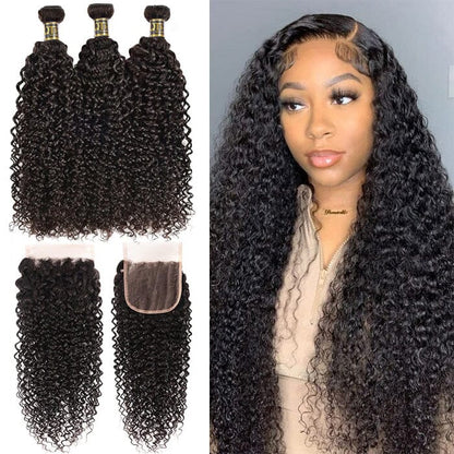 QT Virgin Human Hair Curly 3 Bundles Hair Weft with 4*4 Lace Closure Pre Plucked