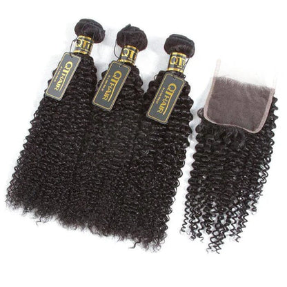 QT Virgin Human Hair Curly 3 Bundles Hair Weft with 4*4 Lace Closure Pre Plucked