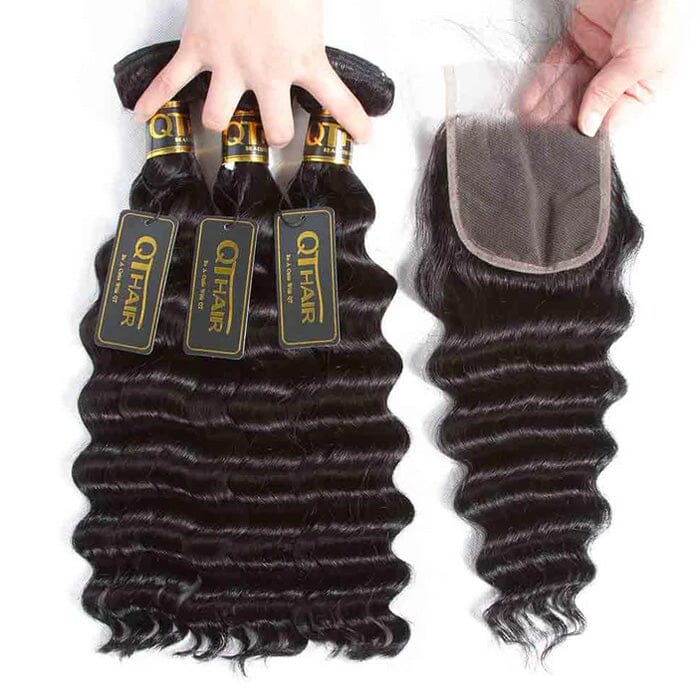 Peruvian Human Hair Loose Deep Wave 3 Bundles with 4x4 Lace Closure