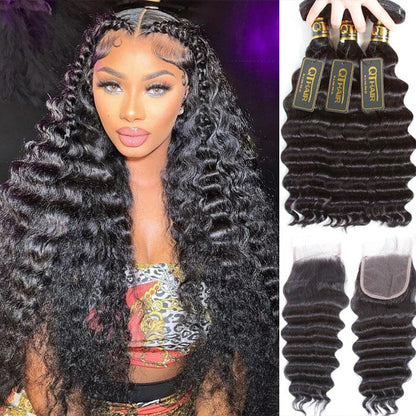Peruvian Human Hair Loose Deep Wave 3 Bundles with 4x4 Lace Closure