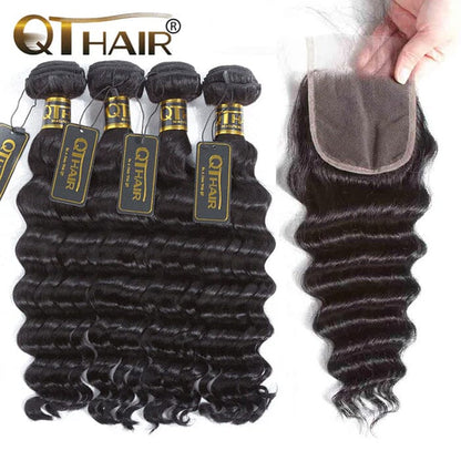 Peruvian Virgin Human Hair 4 Bundles Loose Deep Wave Hair with Lace Closure