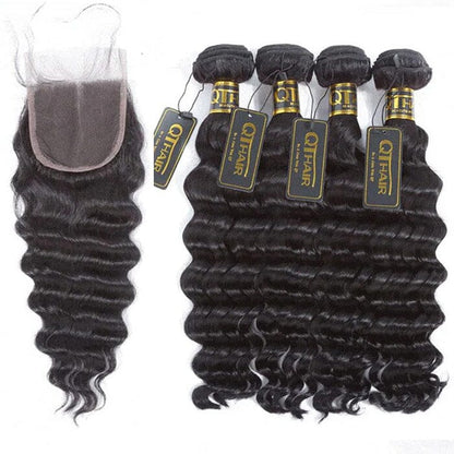 Peruvian Virgin Human Hair 4 Bundles Loose Deep Wave Hair with Lace Closure
