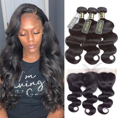 QT 14A Body Wave Human Hair Bundles with 13x4 Lace Frontal 100% Virgin Hair Weave