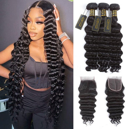 QT Hair Brazilian Loose Deep Wave Human Hair Bundles with Swiss Lace Closure