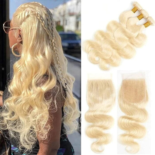 QT 14A Body Wave #613 Color Honey Blonde Hair 4 Bundles with 4x4 Lace Closure