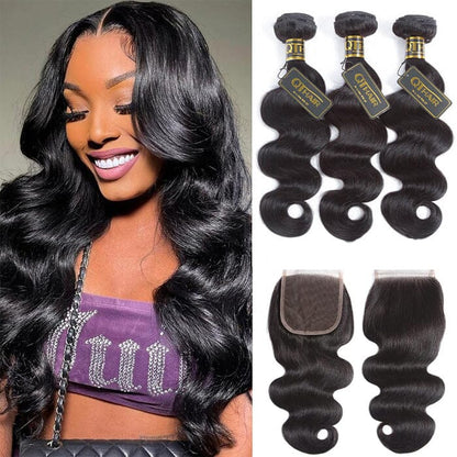 QT 14A Brazilian Body Wave Human Hair 3 Bundles with Swiss Lace Closure