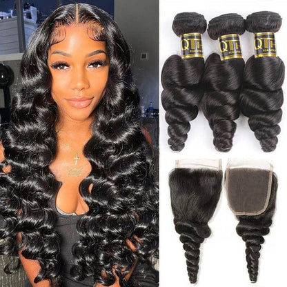 QT 14A Grade Brazilian Loose Wave Human Hair Bundles with 4x4 Lace Closure